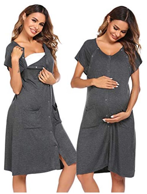 Ekouaer 3 in 1 Nursing Dress Maternity Nightgown Labor/Delivery Breastfeeding Birthing Gown with Button