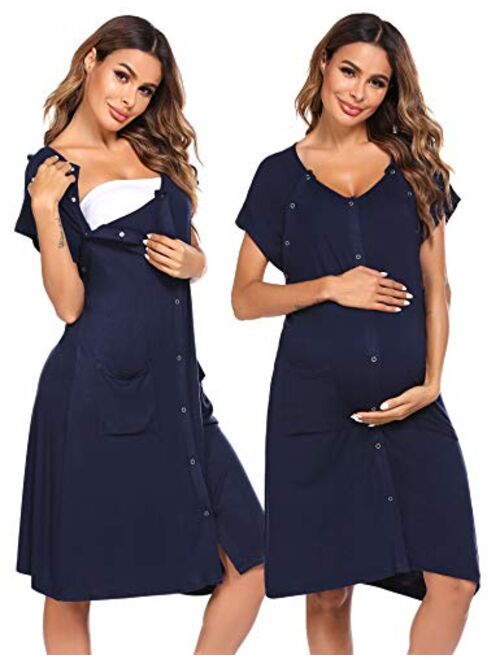 Ekouaer 3 in 1 Nursing Dress Maternity Nightgown Labor/Delivery Breastfeeding Birthing Gown with Button