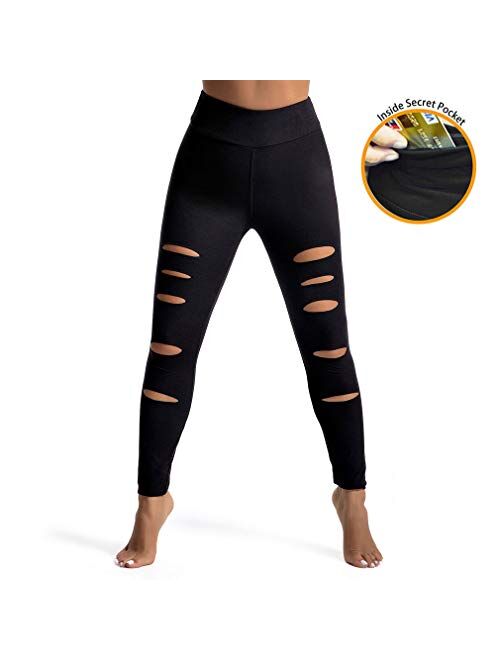 KT High Waist Workout Leggings with Inside Pockets, Cutout Ripped Buttery Soft Tummy Control Yoga Skinny Leggings