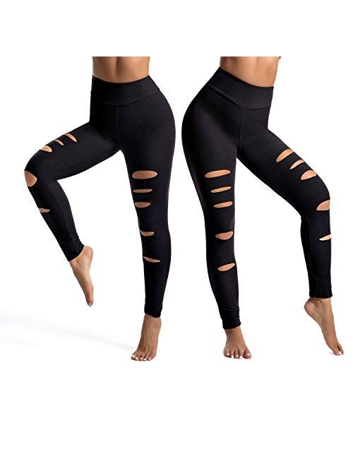 KT High Waist Workout Leggings with Inside Pockets, Cutout Ripped Buttery Soft Tummy Control Yoga Skinny Leggings