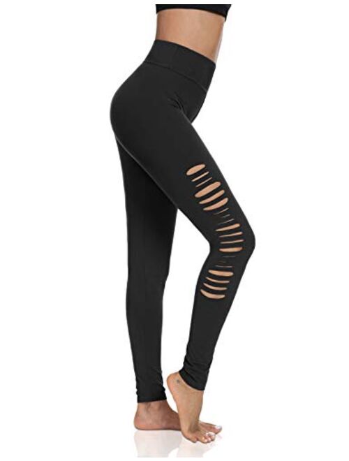 LouKeith Womens Leggings Ripped Cutout High Waist Yoga Workout Running Distressed Skinny Pants