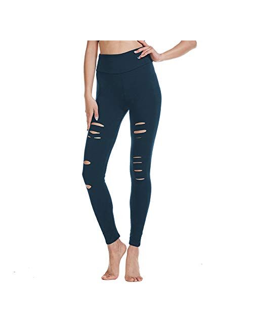 FOXWISH High Waist Yoga Pants Cutout Ripped Skinny Leggings for Women Super Soft and Comfortable