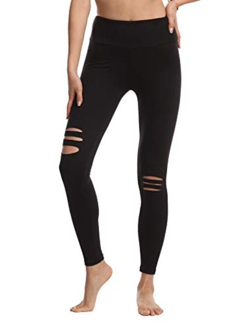 FOXWISH High Waist Yoga Pants Cutout Ripped Skinny Leggings for Women Super Soft and Comfortable