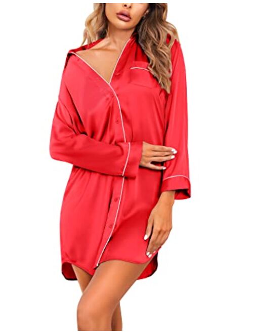 Ekouaer Women's Boyfriend Style Satin Sleep Shirts