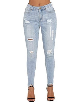 roswear Women's Ripped Mid Rise Frayed Hem Denim Stretchy Skinny Jeans