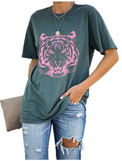 Tiger Printed Short Sleeve Tshirts,Womens Summer Crewneck Graphic Tee Shirt Blouse Tops