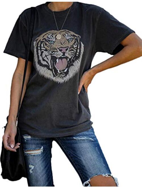 Tiger Printed Short Sleeve Tshirts,Womens Summer Crewneck Graphic Tee Shirt Blouse Tops