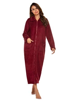 Women's Flannel Robe Zipper Front Robes Full Length Bathrobe(S-XXL)