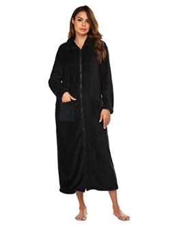 Women's Flannel Robe Zipper Front Robes Full Length Bathrobe(S-XXL)