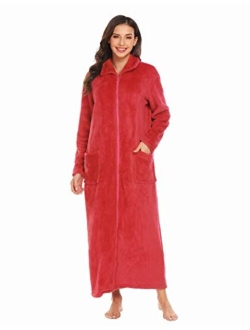 Women's Flannel Robe Zipper Front Robes Full Length Bathrobe(S-XXL)