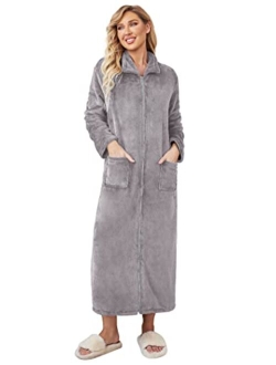 Women's Flannel Robe Zipper Front Robes Full Length Bathrobe(S-XXL)