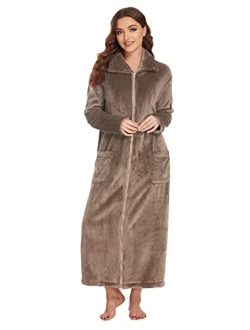 Women's Flannel Robe Zipper Front Robes Full Length Bathrobe(S-XXL)