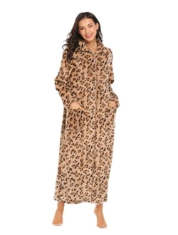 Women's Flannel Robe Zipper Front Robes Full Length Bathrobe(S-XXL)