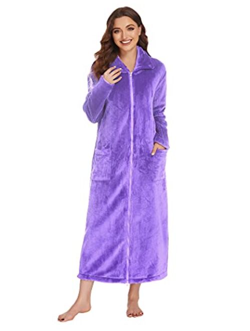 Ekouaer Women's Flannel Robe Zipper Front Robes Full Length Bathrobe(S-XXL)