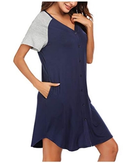 Women's Nightgown Short Sleeves Nightshirt V-Neck Sleepwear Button Down Pajama Dress