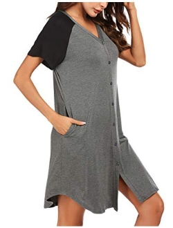 Women's Nightgown Short Sleeves Nightshirt V-Neck Sleepwear Button Down Pajama Dress