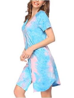 Women's Nightgown Short Sleeves Nightshirt V-Neck Sleepwear Button Down Pajama Dress