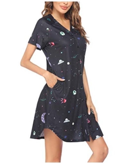 Women's Nightgown Short Sleeves Nightshirt V-Neck Sleepwear Button Down Pajama Dress