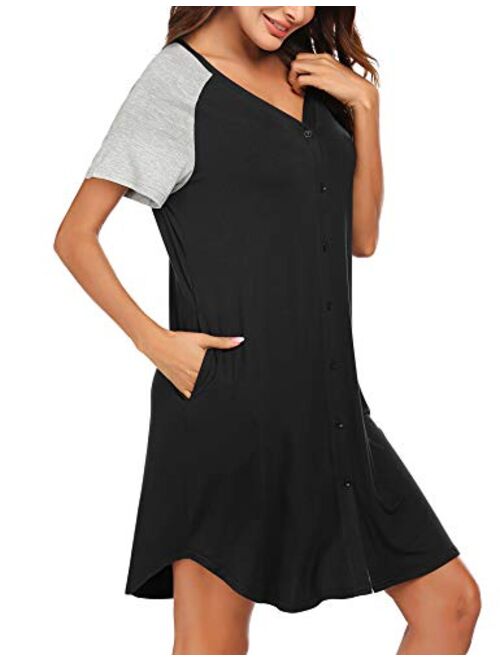 Ekouaer Women's Nightgown Short Sleeves Nightshirt V-Neck Sleepwear Button Down Pajama Dress