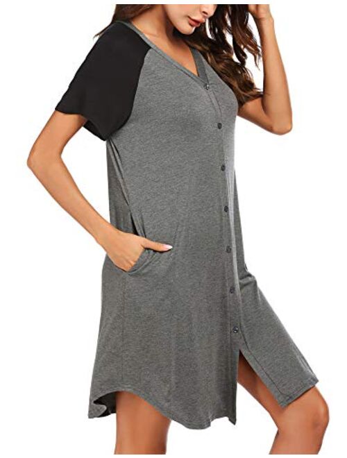 Ekouaer Women's Nightgown Short Sleeves Nightshirt V-Neck Sleepwear Button Down Pajama Dress