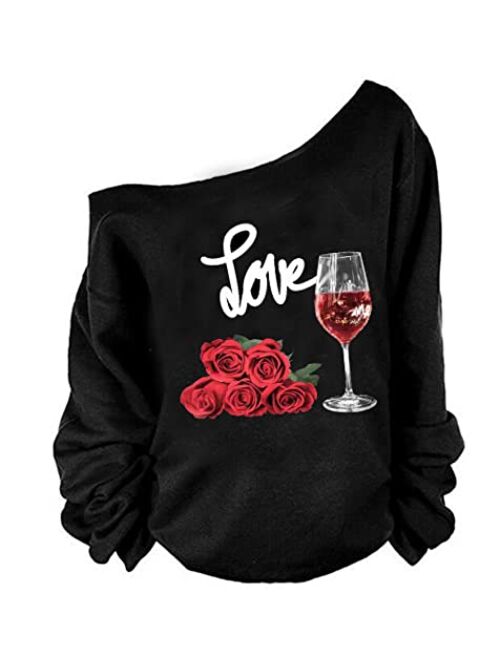 MAGICMK Womans Sweatershirt Lips Print Causal Blouse Off The Shoulder Long Sleeve Loose Slouchy Pullover Plus Size Tops