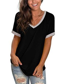 Womens Tshirts Short Sleeve V Neck Loose Fit Summer Casual Tops