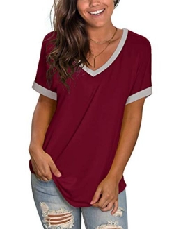 Womens Tshirts Short Sleeve V Neck Loose Fit Summer Casual Tops