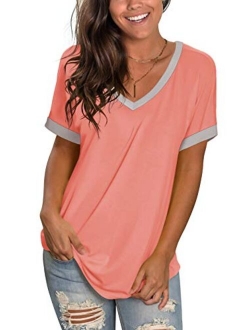 Womens Tshirts Short Sleeve V Neck Loose Fit Summer Casual Tops