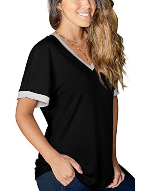 Womens Tshirts Short Sleeve V Neck Loose Fit Summer Casual Tops