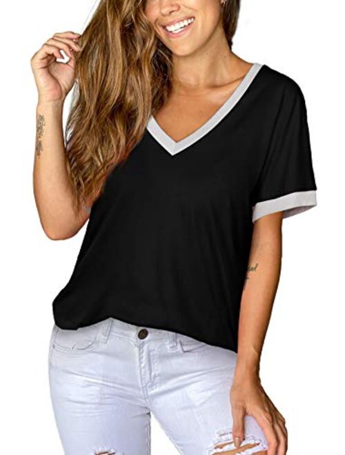 Womens Tshirts Short Sleeve V Neck Loose Fit Summer Casual Tops