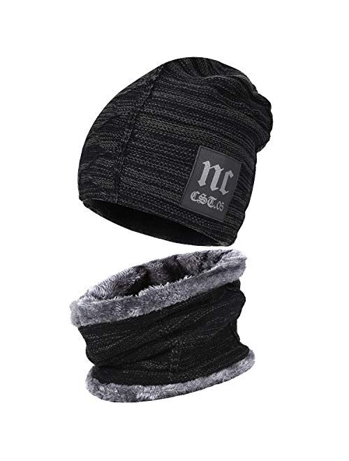 FZ FANTASTIC ZONE Winter Beanie Hat Scarf Set Warm Knit Hat Thick Fleece Lined Winter Cap Neck Warmer for Men Women