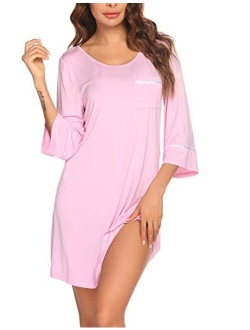 Womens Sleepshirt 3/4 Sleeves Nightgown Sexy Nightshirts Boyfriend Sleepwear S-XXL