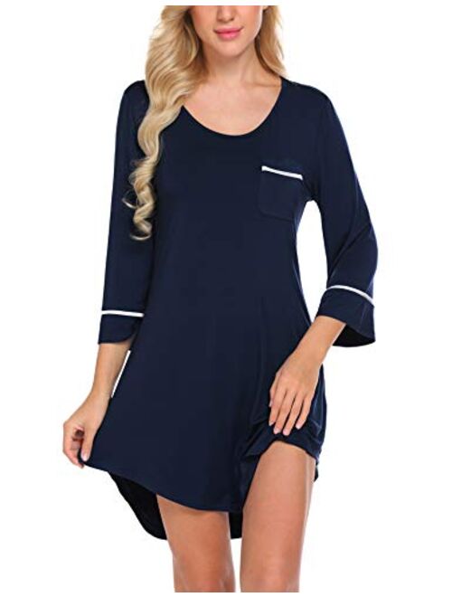 Ekouaer Women’s Sleepshirt 3/4 Sleeves Nightgown Sexy Nightshirts Boyfriend Sleepwear S-XXL