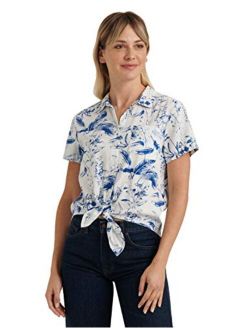 Women's Short Sleeve Button Up One Pocket Tie Front Shirt