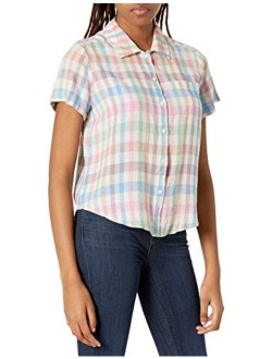 Women's Short Sleeve Button Up One Pocket Tie Front Shirt