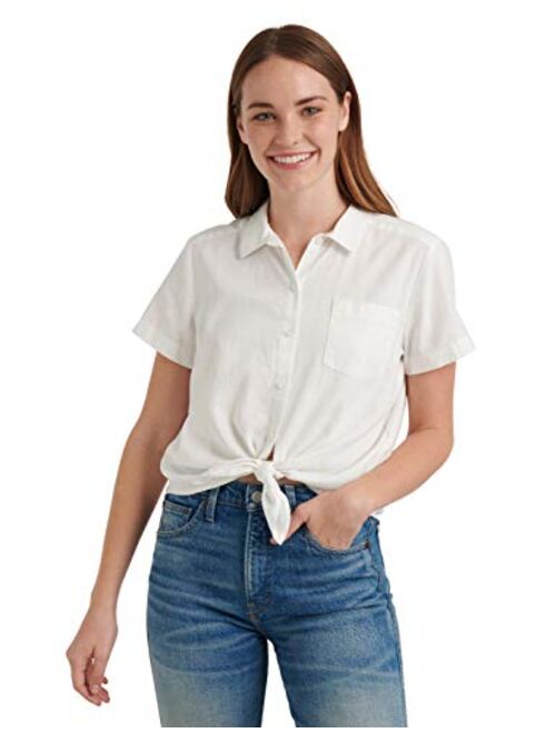 Lucky Brand Women's Short Sleeve Button Up One Pocket Tie Front Shirt