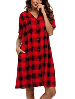 YOZLY House Dress Women Cotton Duster Robe Short Sleeve Housecoat Button Down Nightgown