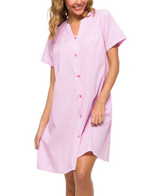 YOZLY House Dress Women Cotton Duster Robe Short Sleeve Housecoat Button Down Nightgown