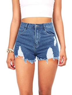 Women's Demin Shorts Frayed Hem High Waisted Distressed Ripped Stretch Jeans