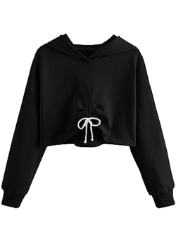 Kids Girl's Crop Tops Hoodies Long Sleeve Cute Drawstring Pullover Sweatshirts