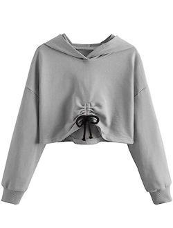 Kids Girl's Crop Tops Hoodies Long Sleeve Cute Drawstring Pullover Sweatshirts