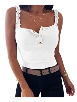 Womens Sexy Sleeveless Tank Tops Ruffle Strap Bodycon Square Neck Button Ribbed Knit Blouse