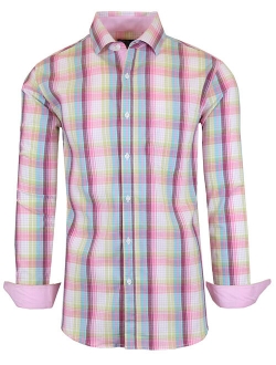 Men's Long Sleeve Slim-Fit Cotton-Stretch Plaid Dress Shirts