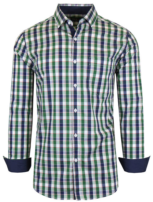 GBH Men's Long Sleeve Slim-Fit Cotton-Stretch Plaid Dress Shirts