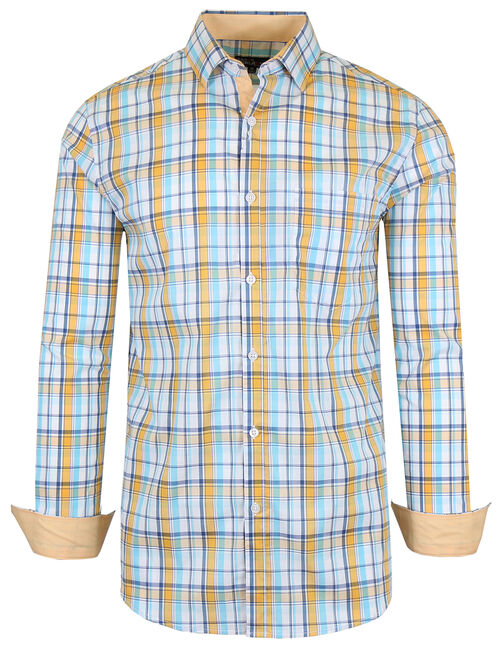 GBH Men's Long Sleeve Slim-Fit Cotton-Stretch Plaid Dress Shirts