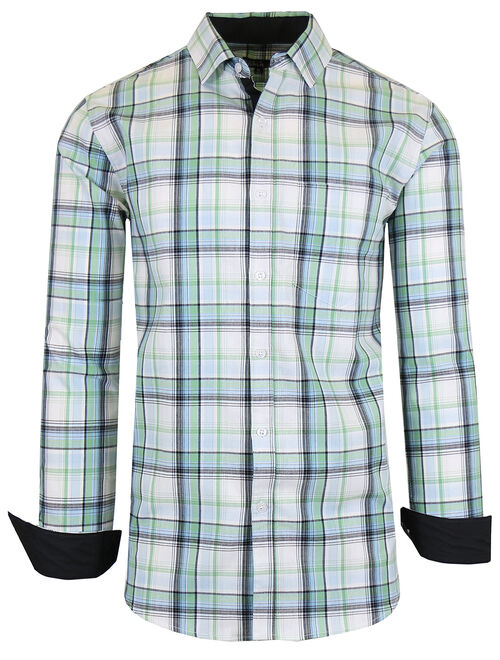 GBH Men's Long Sleeve Slim-Fit Cotton-Stretch Plaid Dress Shirts