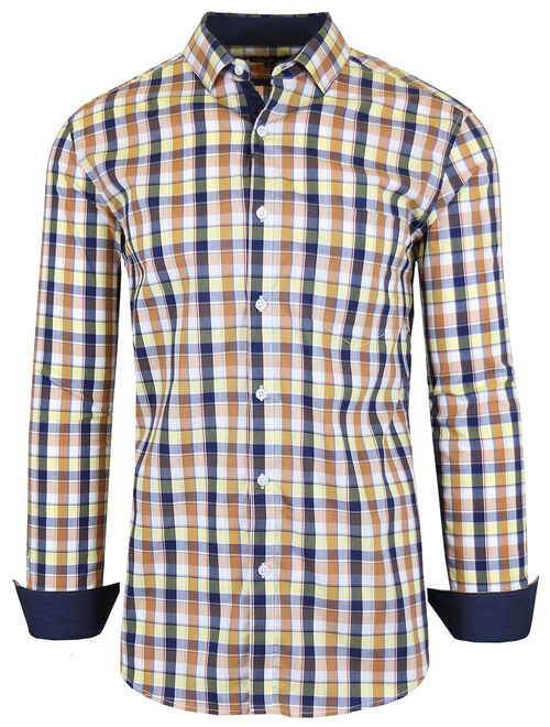 GBH Men's Long Sleeve Slim-Fit Cotton-Stretch Plaid Dress Shirts