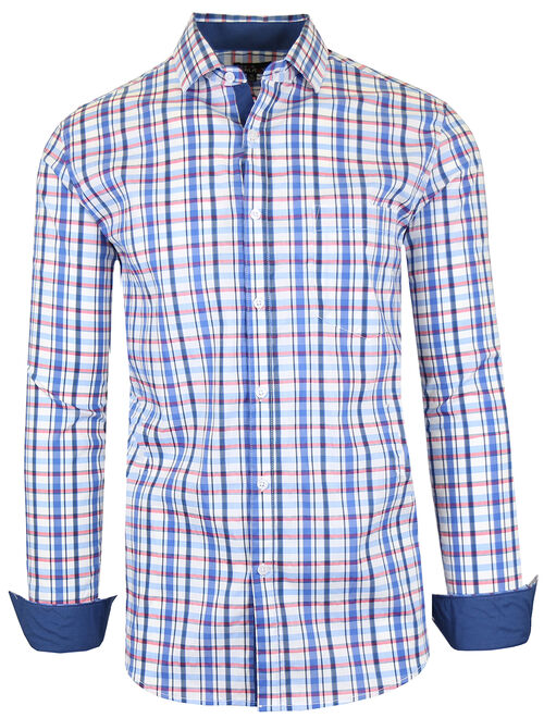 GBH Men's Long Sleeve Slim-Fit Cotton-Stretch Plaid Dress Shirts