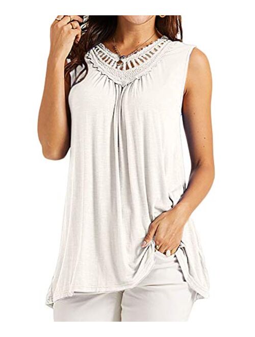 Soulomelody Women's Sleeveless Tank Tops Crochet Lace Shirts Summer Basic Casual Loose Fit Tees Tunics Pleated Blouses