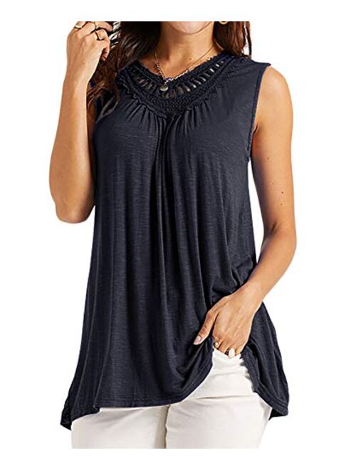 Soulomelody Women's Sleeveless Tank Tops Crochet Lace Shirts Summer Basic Casual Loose Fit Tees Tunics Pleated Blouses